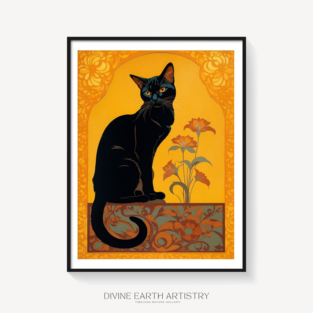 Novelty Art Nouveau Inspired Poster , Black Cat With Flowers, Living