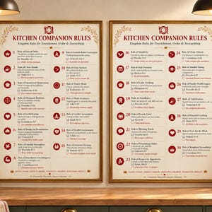 May include: Two framed wall art prints titled Kitchen Companion Rules, featuring a list of thirty numbered guidelines for nourishment, order, and stewardship. The text is printed in dark red and black on a cream background with gold frames.