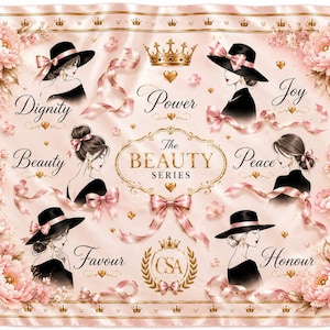 Peut inclure: Un tissu satiné carré à fond rose pâle avec des bordures florales, des couronnes dorées et des rubans roses. Il présente six illustrations de femmes portant des chapeaux ou coiffures noirs, avec le texte Dignity, Power, Joy, Beauty, Peace, Favour, Honour et The Beauty Series CSA.