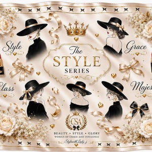 Peut inclure: Un foulard carré en satin crème orné de motifs floraux dorés, de rubans et de cinq illustrations de silhouettes portant des chapeaux noirs. Le texte inclut The STYLE SERIES, Style, Grace, Class, Majesty, CSA, BEAUTY STYLE GLORY et StylewithLady-j.