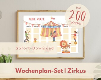 May include: A printable weekly planner with a circus theme. The planner features a colorful circus tent, a lion, a juggler, and a ringmaster. The text "MEINE WOCHE" is at the top of the planner, and the days of the week are listed below. The text "inkl. 200 Karten" is in a circle at the top right corner of the planner.
