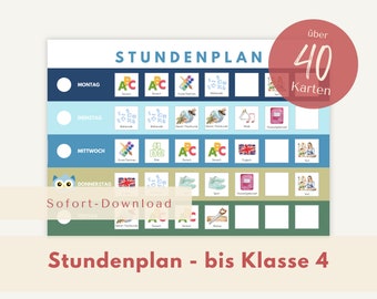 May include: A colorful printable classroom schedule template with over 40 cards. The template is designed for elementary school students and includes subjects like math, English, art, music, and physical education. The template is available for immediate download.