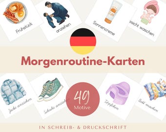 Può includere: Un set di 49 carte illustrate in tedesco, che mostrano diverse attività della routine mattutina. Le carte sono disegnate in uno stile colorato e cartonato e includono immagini di attività come vestirsi, lavarsi i denti, fare colazione e fare il letto. Le carte sono etichettate con le parole tedesche per ogni attività.