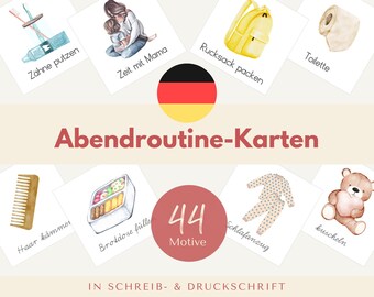 Può includere: Un set di 44 carte illustrate per bambini che mostrano diverse attività e routine per la buonanotte. Le carte sono in tedesco e mostrano immagini di lavarsi i denti, trascorrere del tempo con la mamma, fare lo zaino, usare il bagno, pettinarsi, riempire la scatola del pranzo, indossare il pigiama e coccolarsi. Le carte sono progettate per aiutare i bambini a imparare le routine della buonanotte e prepararsi per dormire.
