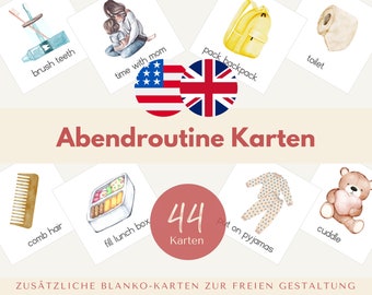 Può includere: Un set di 44 carte illustrate per la routine della buonanotte dei bambini. Le carte mostrano immagini di attività come lavarsi i denti, indossare il pigiama e coccolarsi. Le carte sono bilingui, con testo in inglese e tedesco.