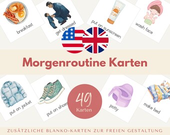 Può includere: Un set di 49 carte illustrate per aiutare i bambini a imparare le routine mattutine. Le carte mostrano immagini di attività come vestirsi, fare colazione, mettere le scarpe e lavarsi i denti. Le carte sono bilingui, con testo in inglese e tedesco.