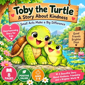 Puede incluir: Una portada de libro infantil titulada Toby the Turtle: A Story About Kindness, con una tortuga y una rana de dibujos animados sobre una roca. El texto dice Small Acts Make a Big Difference, A Heartwarming Story for Kids y Good Friends Brighter Days.