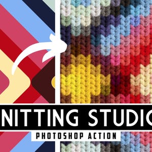May include: A colorful knitted fabric with a chevron pattern. The fabric is made of yarn in various shades of red, pink, yellow, blue, and purple. The text "Knitting Studio Photoshop Action" is displayed on a black banner.