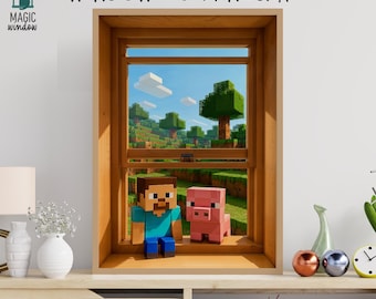 Minecraft Window Poster – Kids Room Voxel Art (Digital Download)