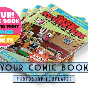 May include: A stack of comic books with the title "Adventure" in red letters. The cover art features cartoon characters in a colorful interior scene. Text on the cover includes "Your Funny Stories" and "Easy Customize". Additional text reads "Your Comic Book" and "Photoshop Templates".