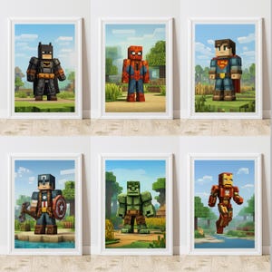 6 Blocky Game Wall Art | Superhero Art Poster for Bedroom & Gaming Room Decor | Digital Downloadable Print for Boys and Gamers