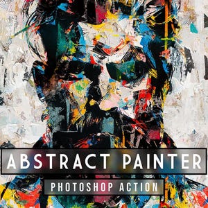 Könnte beinhalten: Abstrakte Malerei eines menschlichen Gesichts mit einem farbenfrohen, strukturierten Design. Das Kunstwerk verwendet Blau-, Gelb-, Rot- und Weißtöne. Der Text "ABSTRACT PAINTER" und "PHOTOSHOP ACTION" ist auf einem schwarzen Banner zu sehen.