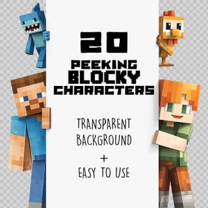 20 Peeking Blocky Charaktere PNG - Minenspiel inspirierte Clipart, transparenter Hintergrund, pixelige Voxel Spiel Charaktere Clipart