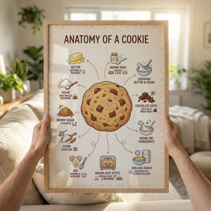 May include: A framed print titled "ANATOMY OF A COOKIE" held by a person. The print illustrates the ingredients and steps for making a chocolate chip cookie. Ingredients include butter, sugar, brown sugar, flour, chocolate chips, and eggs.