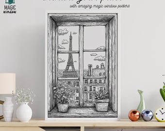 Paris Eiffel Tower Window View Poster: Black and White 3D Illusion (Digital Download)