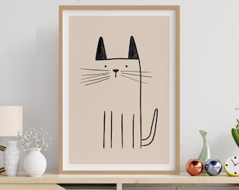 Minimalist Cat Line Art Print: Beige Neutral Decor (Digital Download)