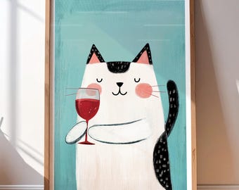 Funny Wine Cat Poster: Whimsical Black & White Wall Art (Digital Download)