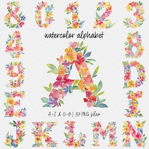 Aquarell Blumen Alphabet PNG - Frühlingsblumen Monogramm Buchstaben, Sublimationsclipart für Tassen, Shirts, Einladungen, Basteln, Hochzeit