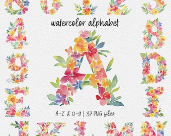 Watercolor Floral Alphabet: Flower Letters & Numbers (PNG Digital Download)