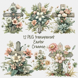 Ensemble PNG de cliparts croix de Pâques – 12 croix chrétiennes florales transparentes pour sublimation, cartes et travaux manuels printaniers