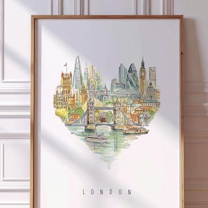 Aquarell London City Illustration - Londoner Wahrzeichen in Herzform, Tower Bridge, Big Ben, druckbare Reise-Wandkunst