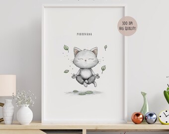 Meditating Cat Poster: Minimalist Zen Art, Neutral Beige (Digital Printable Art)