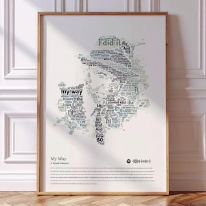 Puede incluir: Un póster enmarcado con la letra de "My Way" de Frank Sinatra, dispuesta en un diseño estilizado de mapa. La letra está en varios tonos de gris y negro sobre un fondo blanco. El póster incluye el título de la canción y el nombre del artista.