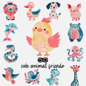 50 Cute Animal Clipart PNG Bundle - Baby Animals, Cartoon Pets, Nursery Art, Kids Sublimation, Watercolor Animals, Animal PNG Files