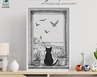 Black Cat Window View Art Print: Whimsical Ink Illustration (Digital Download)