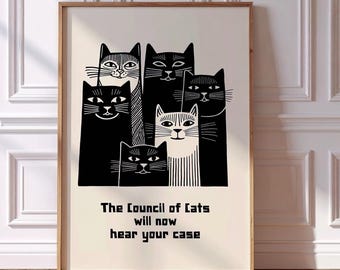 Funny Cat Poster: Minimalist Black and White Felines (Digital Download)
