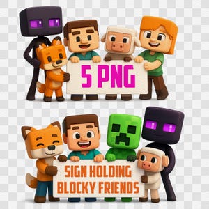 5 Sign Holding Blocky Characters PNG – Mine Game Inspired Clipart, Transparent Background, Pixelated Voxel Game Characters Clipart