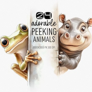 24 Clipart animal qui jette un coup d'oeil PNG | Graphismes mignons de sublimation pour les chemises d'enfants, l'art mural de chambre d'enfant, la décoration de fête, les invitations et plus | 300 ppp