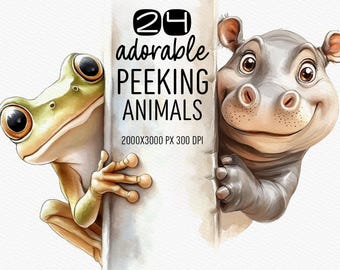 24 Peeking Animal Clipart PNG | Nursery Art, Kids Shirts (Digital Download)