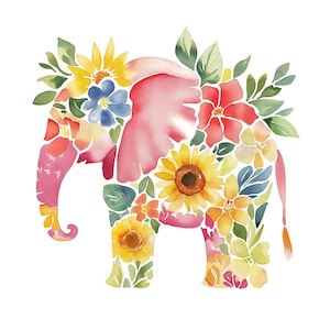 Aquarell Blumen Elefant Clipart Ostern - Boho Elefanten Illustrationen, Kinderzimmer Kunst, Sublimation, Digitaler Download Kommerzielle Lizenz Av.