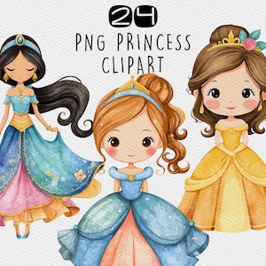 24 Cliparts de Princesa Chibi em Aquarela PNG – Fundo Transparente de Alta Resolução Pacote de PNG de Princesas Fofas Inspirado na Disney