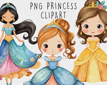 Clipart aquarel Chibi-prinses: op Disney geïnspireerde png-bundel (digitale download)