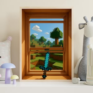 Blocky Poster For Kids - Magic Window Poster | Voxel Forest Pixel Art | Kids Room Wall Decor | Videogame biome and sword | Digital