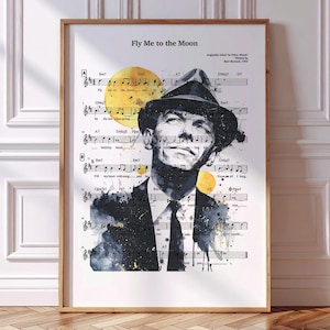 Może przedstawiać: Oprawiony wydruk artystyczny z portretem mężczyzny w kapeluszu, na tle nut. Tytuł "Fly Me to the Moon" znajduje się u góry. Grafika wykorzystuje żółte i czarne plamy tuszu, tworząc estetykę vintage.