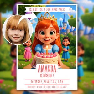 Convite de aniversário personalizado para meninas princesas – Cartão A6 personalizado estilo Disney para impressão a partir de foto | Download digital para festa de meninas