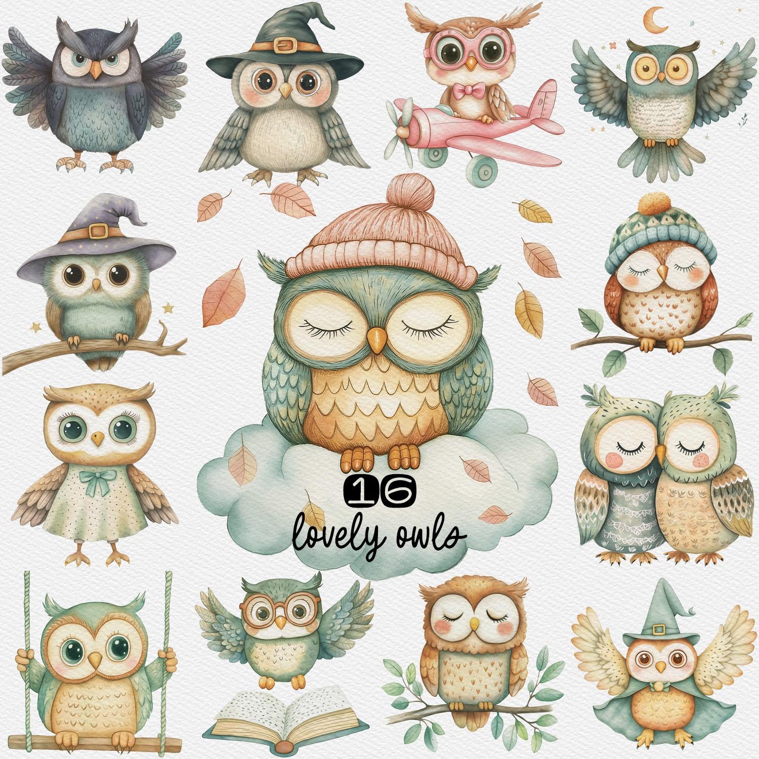 Watercolor Owl Clipart Set: Vintage Nursery Decor (PNG Digital Download 3000x3000 px )