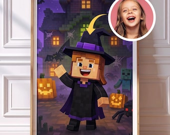 Aangepaste Halloween-poster in Minecraft-stijl – gepersonaliseerde digitale kinderkunst, kies je scène