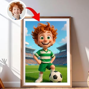 Personalized Soccer Poster for Kids – Custom Digital Wall Art with Your Child&#39;s Photo in a Fun Football-Themed Illustration