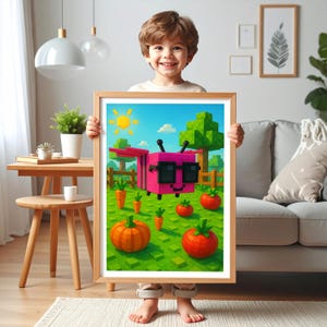 May include: A framed print featuring a pixelated pink bee wearing sunglasses, set in a vibrant garden scene with carrots, tomatoes, and a pumpkin. The artwork is held by a smiling child.