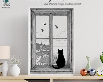 Black Cat Window View Art Print: Whimsical Ink Illustration (Digital Download)