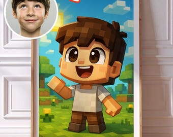Aangepast gamerportret in Minecraft-stijl: gepersonaliseerde chibi-blokkunst (digitale download)