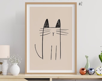 Minimalist Cat Line Art Print: Beige Neutral Decor (Digital Download)