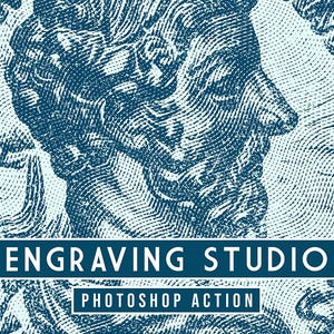Op de afbeelding: Een Photoshop-actie met een blauw en wit graveereffect genaamd "Engraving Studio".
