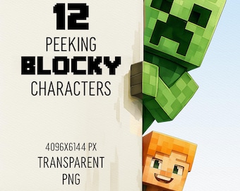 Peeking Blocky Game Characters Clipart: Transparent PNG (Digital Download