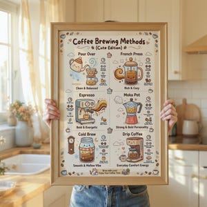 Peut inclure: Une affiche encadrée intitulée "Coffee Brewing Methods (Cute Edition)" avec des illustrations des différentes méthodes de préparation du café, notamment le Pour Over, la presse française, l'Espresso, la cafetière Moka, le Cold Brew et le Drip Coffee. L'affiche est tenue par une personne.