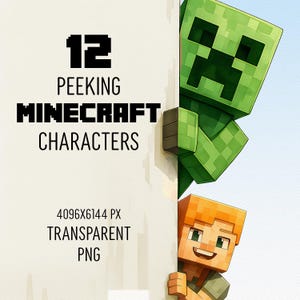 12 Personagens Espiando no Estilo Minecraft PNG – Clipart do Jogo Minecrafter, Fundo Transparente, Alex Steve Creeper Porco Jaguatirica Zumbi Ovelha